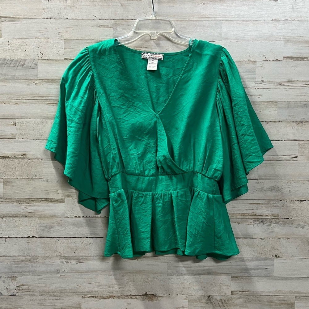 A. Calin by Flying Tomato Textured Emerald Wrap Blouse with Flutter Sleeves